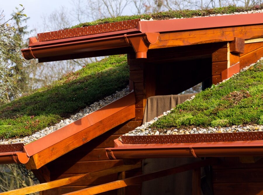 Green,Ecological,Sod,Roof,On,Wooden,Building,Covered,With,Vegetation