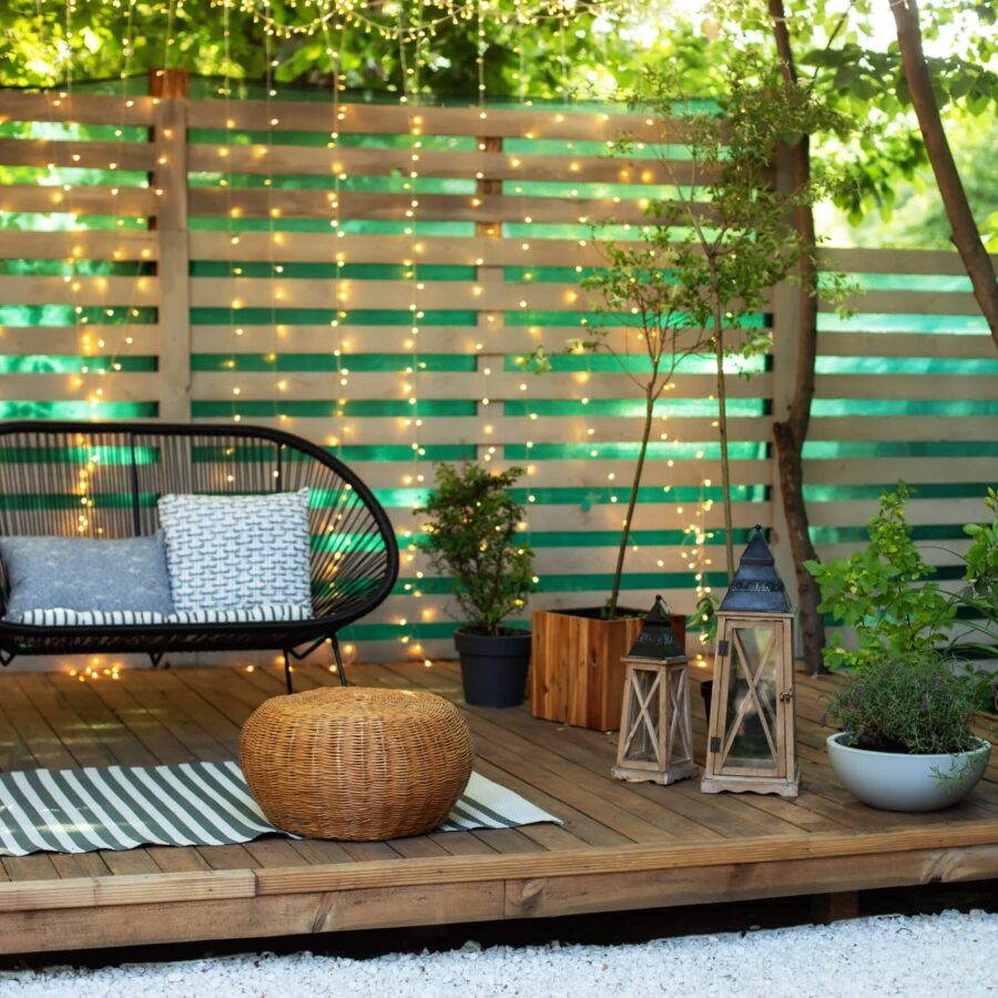 Modern,Lounge,Outdoors,In,Backyard.,Terrace,House,With,Plants,,Wooden