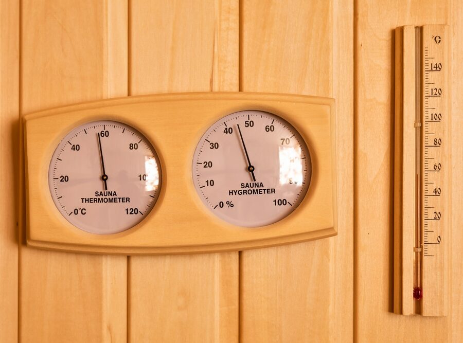 Sauna,Thermometer,And,Hygrometer,On,Wooden,Wall.,Temperature,In,Celsius