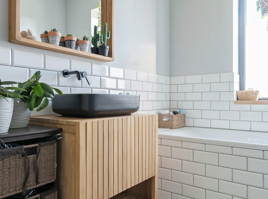 Black,Bathroom,Sink,On,Wooden,Cabinet,And,Mirror.,Industrial,Interior