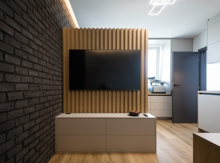 Tv,On,Vertical,Wooden,Slats,Wall,,Living,Room,Of,Small